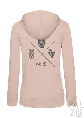 Rosa Kapuzenpulli mit Reißverschluss und Grafikdesign mit Bierglas, Trauben und dem Wort ’palzio’ in Schwarz.