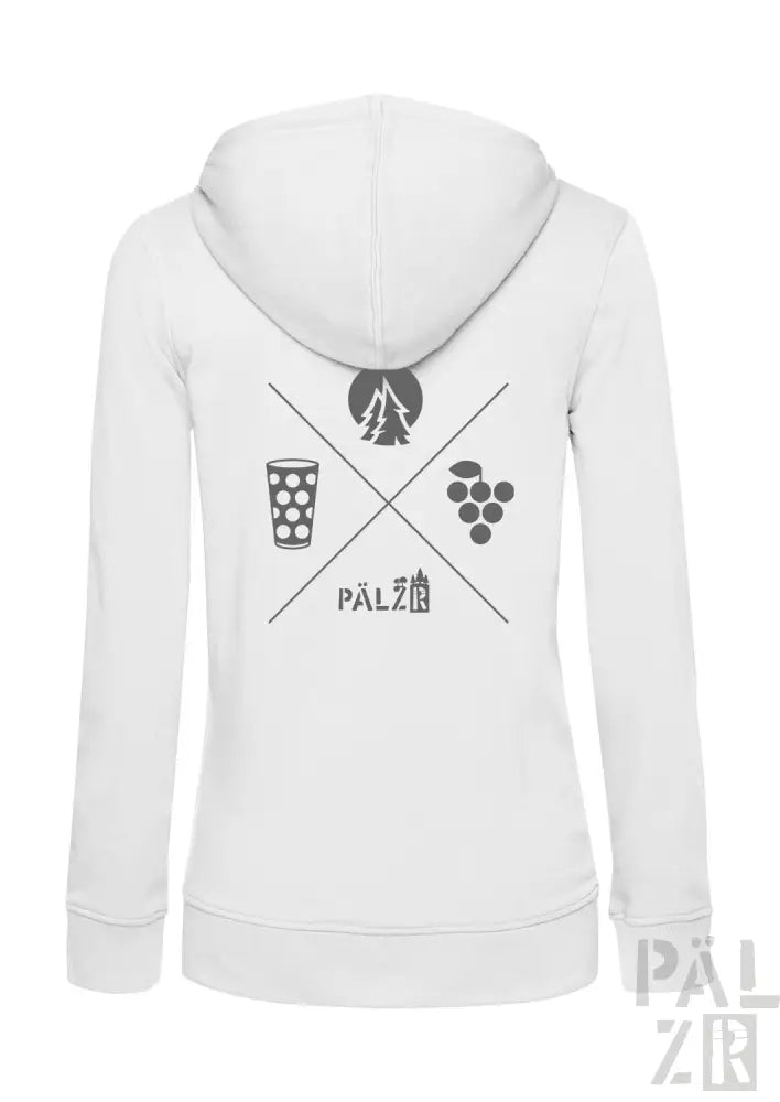 Weiße Kapuzenjacke mit Reißverschluss und schwarzem Grafikdesign mit Bierglas, Trauben und Silhouette eines Baumes.