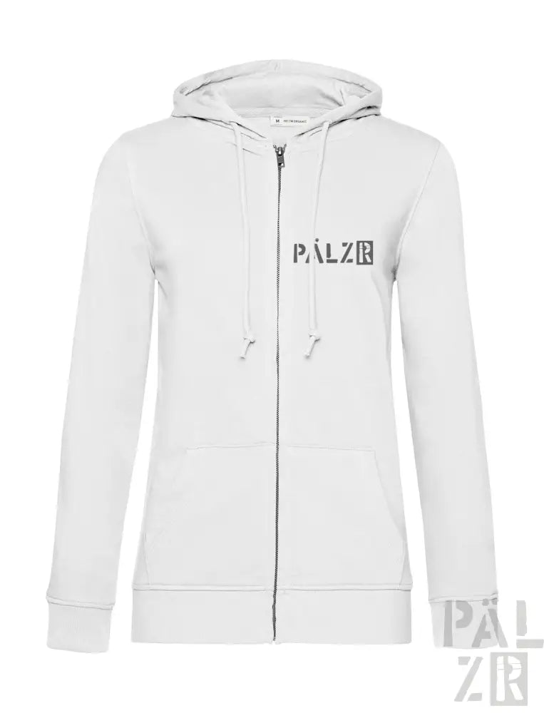 Weiße Kapuzenjacke mit Reißverschluss und ’palz’-Logo auf der Vorderseite.