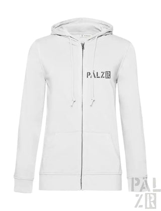 Weiße Kapuzenjacke mit Reißverschluss und ’palz’-Logo auf der Vorderseite.