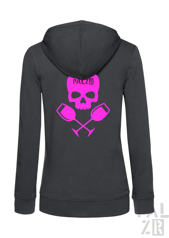 Kohle-grauer Reißverschluss-Hoodie mit Neon-Pink-Schädel- und gekreuzten Kurzhantel-Design.