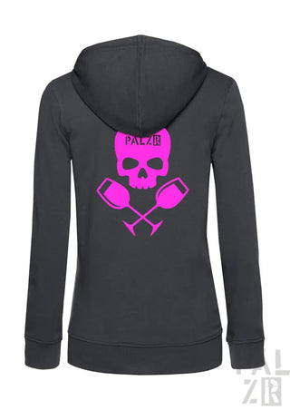 Kohle-grauer Reißverschluss-Hoodie mit Neon-Pink-Schädel- und gekreuzten Kurzhantel-Design.