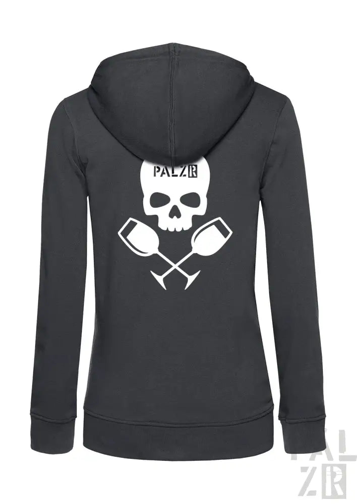 Kohle-graue Kapuzenjacke mit Totenkopf- und gekreuzten Becher-Design, ’palzib’ Text in Weiß.