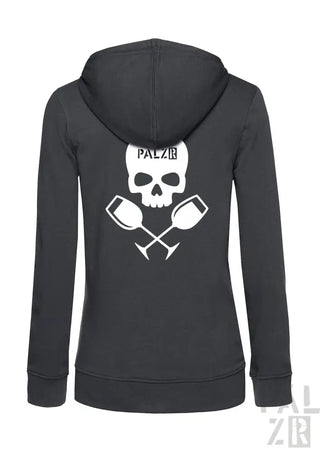 Kohle-graue Kapuzenjacke mit Totenkopf- und gekreuzten Becher-Design, ’palzib’ Text in Weiß.