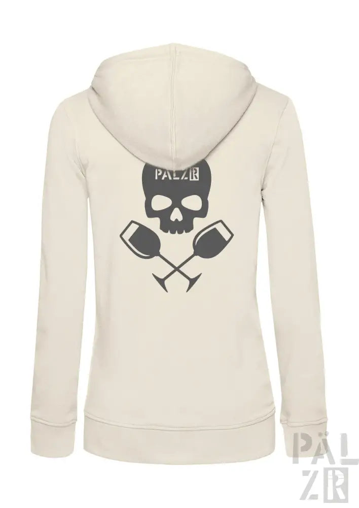 Cremeweiße Kapuzenjacke mit Schädel- und gekreuzten Streitkolben-Design, ’palz’-Text auf der Vorderseite.