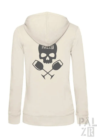 Cremeweiße Kapuzenjacke mit Schädel- und gekreuzten Streitkolben-Design, ’palz’-Text auf der Vorderseite.