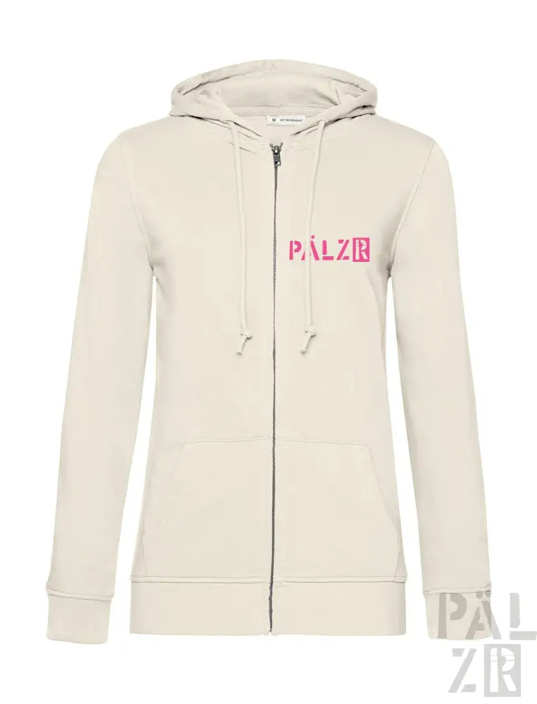 Cremeweißer Kapuzenpulli mit Reißverschluss, pinkem „Palzie“-Logo und Kapuze.