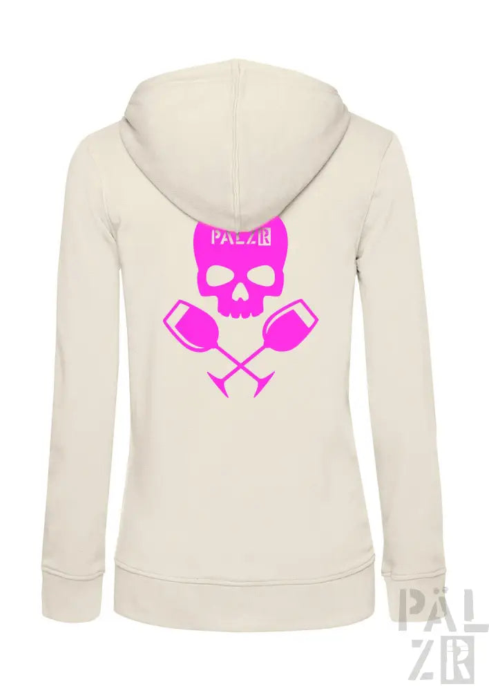 Creme-farbene Kapuzenjacke mit rosa Totenkopf- und gekreuzten Paddel-Design, ’palz’-Logo.