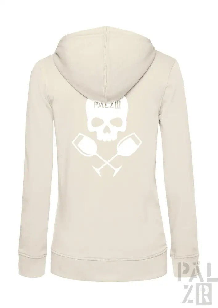 Cremeweiße Kapuzenjacke mit Totenkopf- und gekreuzten Schlägel-Design, mit der Marke ’palzb’ in Weiß.