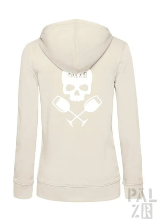 Cremeweiße Kapuzenjacke mit Totenkopf- und gekreuzten Schlägel-Design, mit der Marke ’palzb’ in Weiß.