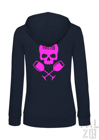 Marineblaue Kapuzenjacke mit Reißverschluss und Neonpink-Schädel- und gekreuzten-Mallen-Design, ’palzib’ Marke.