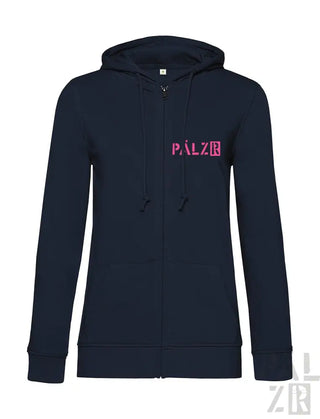 Marineblaue Kapuzenjacke mit Reißverschluss, rosa ’palzie’-Logo und Kapuze.