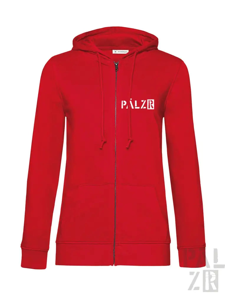 Roter Kapuzenpullover mit Reißverschluss und ’palzr’-Logo.
