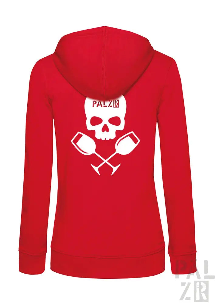 Roter Kapuzenpullover mit Reißverschluss und Totenkopf- und gekreuzten Schlägel-Design, Text ’palz18’’.