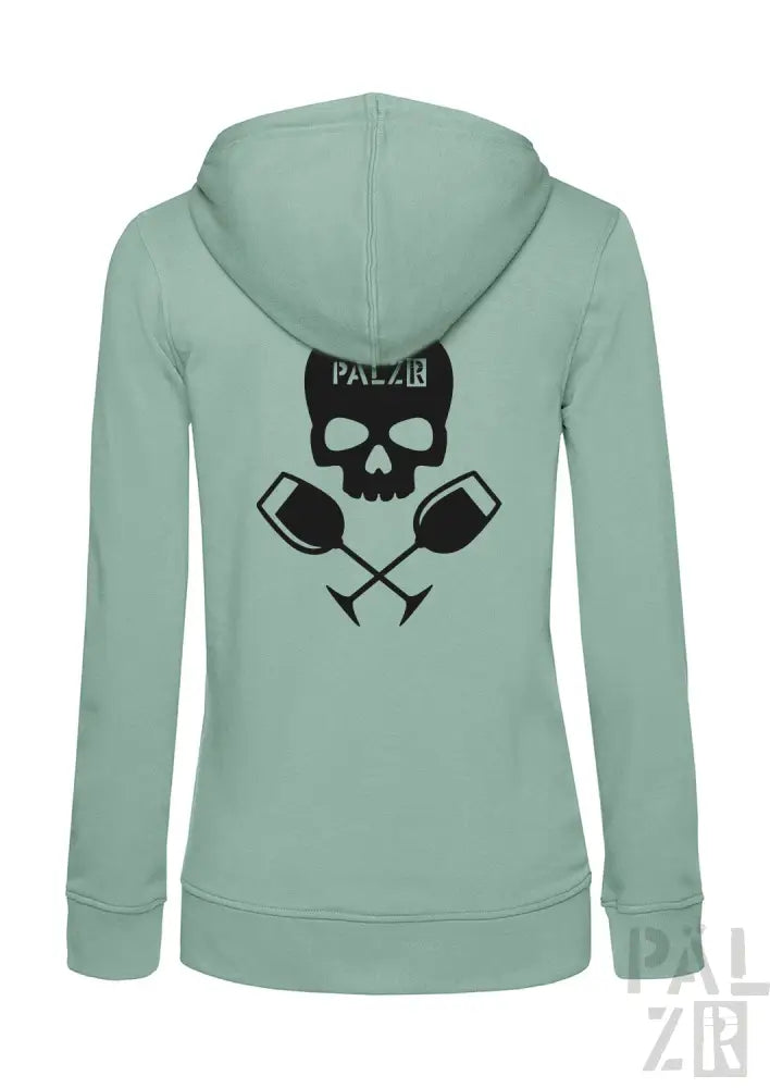 Minzgrüner Hoodie mit Totenkopf- und gekreuzten Rudern-Design, ’palz’-Logo.