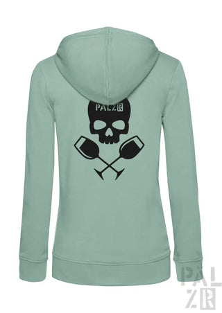 Minzgrüner Hoodie mit Totenkopf- und gekreuzten Rudern-Design, ’palz’-Logo.