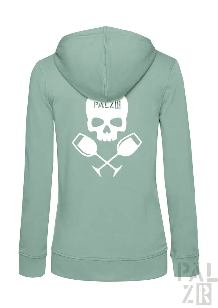 Minzgrüner Reißverschluss-Hoodie mit Totenkopf- und gekreuzten Schlägel-Design, ’palzie’-Logo.