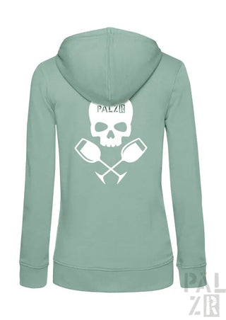Minzgrüner Reißverschluss-Hoodie mit Totenkopf- und gekreuzten Schlägel-Design, ’palzie’-Logo.