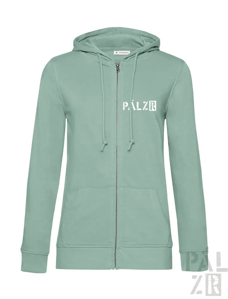 Minzgrüner Kapuzenpulli mit Reißverschluss und ’palzr’-Logo.