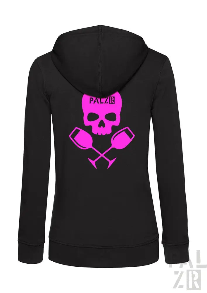 Schwarzes Reißverschluss-Hoodie mit Neonpink-Schädel- und gekreuzten Schlägel-Design, ’palzib’ Text.