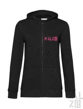 Schwarzes Reißverschluss-Hoodie mit pinkem „palz“-Logo und Kordelkapuze.