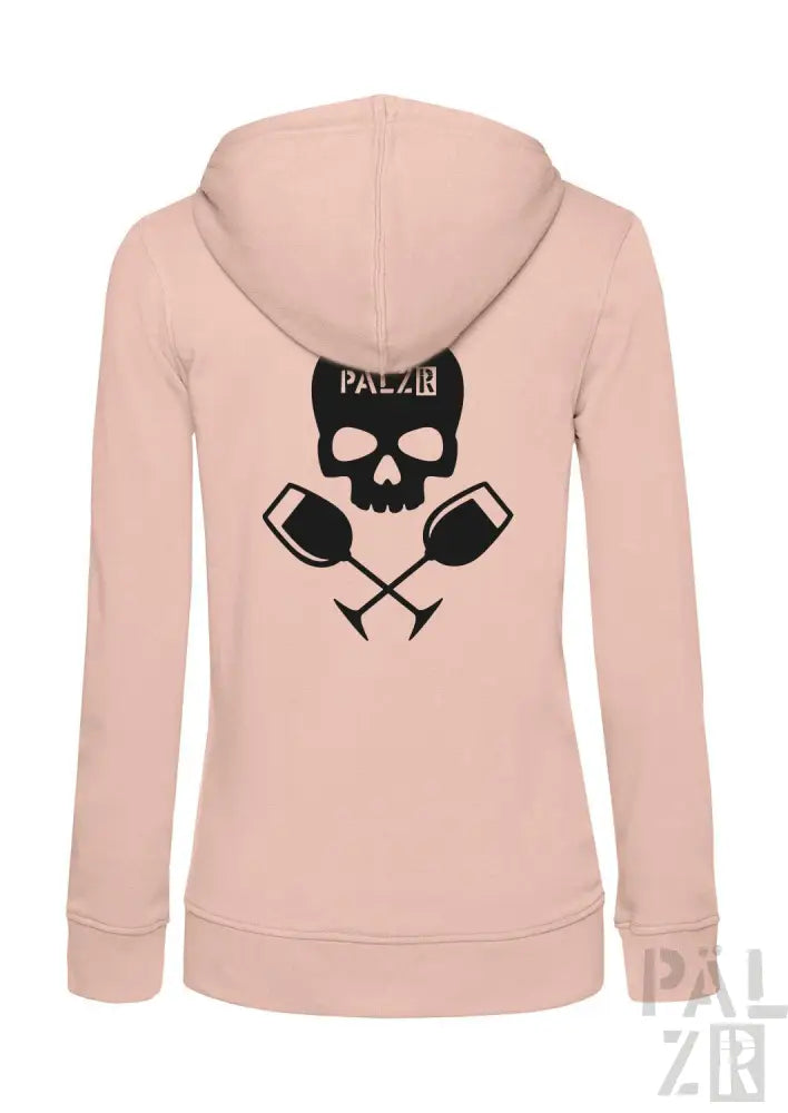 Rosa Hoodie mit Totenkopf- und Hantel-Design, Material wahrscheinlich Baumwolle oder Polyester-Mischung.