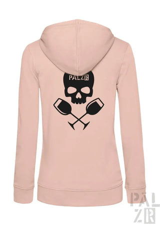 Rosa Hoodie mit Totenkopf- und Hantel-Design, Material wahrscheinlich Baumwolle oder Polyester-Mischung.
