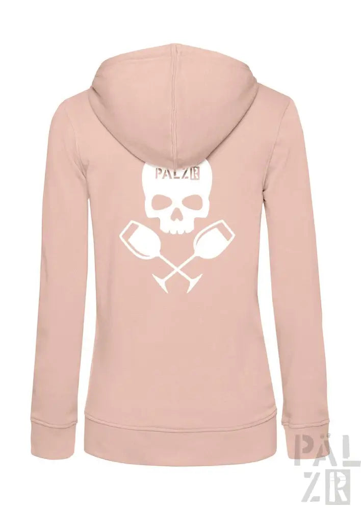 Rosa Kapuzenpulli mit Reißverschluss und Totenkopf- und gekreuzten Hämmer-Design, „palz18“-Logo auf dem Rücken.