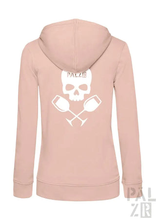 Rosa Kapuzenpulli mit Reißverschluss und Totenkopf- und gekreuzten Hämmer-Design, „palz18“-Logo auf dem Rücken.