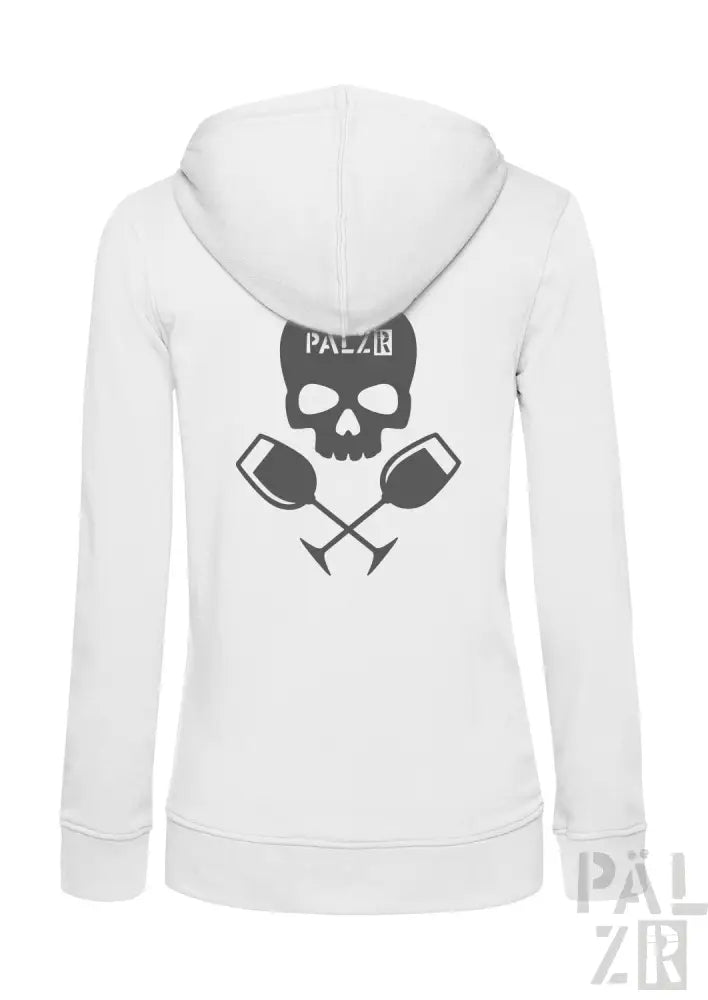 Weiße Hoodie mit Totenkopf- und gekreuzten Schlägel-Design, schwarzer Text ’palz’ auf der Vorderseite.