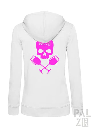 Weiße Kapuzenjacke mit Reißverschluss und Design aus pinkem Totenkopf und gekreuzten Paddeln, ’palz8’’ Logo auf der Brust.