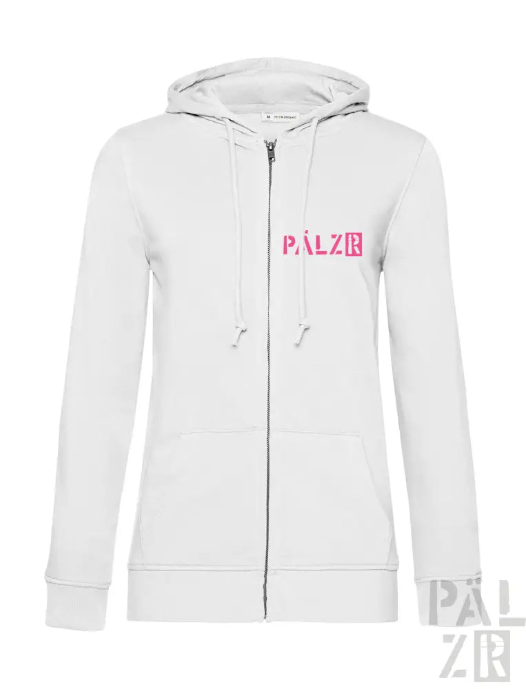 Weiße Kapuzenjacke mit Reißverschluss, pinkem Logo und Kordelzügen.