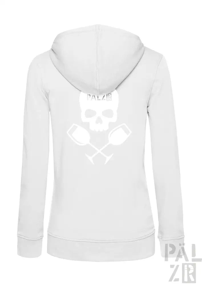 Weiße Hoodie mit Totenkopf- und gekreuzten Schlägeln-Design, Material scheint eine Baumwoll- oder Polyestermischung zu sein.