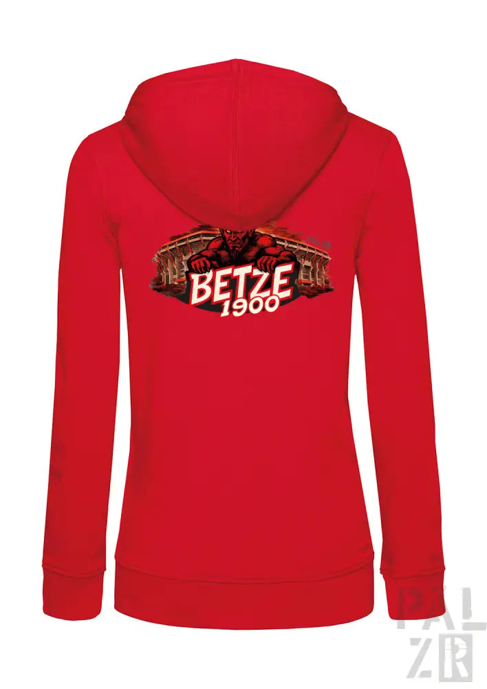 Roter Damen-Zipper-Hoodie mit einem fetten Grafikmotiv eines roten Dämons und dem Text „betze 1900“ auf dem Rücken.