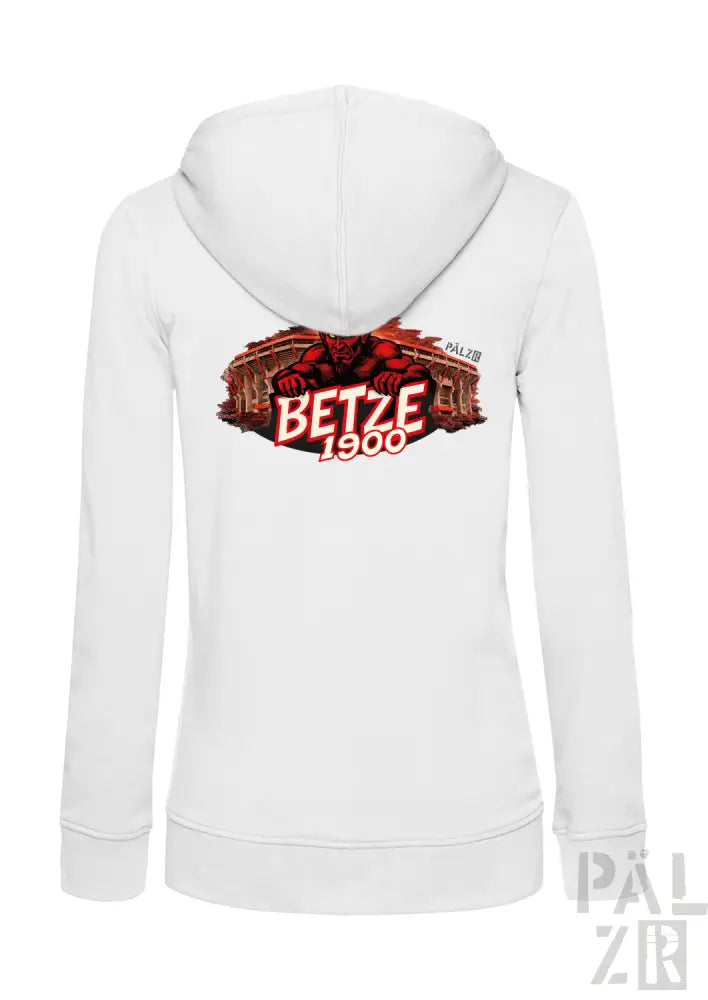 Weiße Damen-Zipper-Hoodie mit einem fetten rot-schwarzen Grafikmotiv einer muskulösen Figur und dem Text ’betze 1900’ auf dem Rücken.