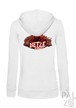 Weiße Damen-Zipper-Hoodie mit einem fetten rot-schwarzen Grafikmotiv einer muskulösen Figur und dem Text ’betze 1900’ auf dem Rücken.