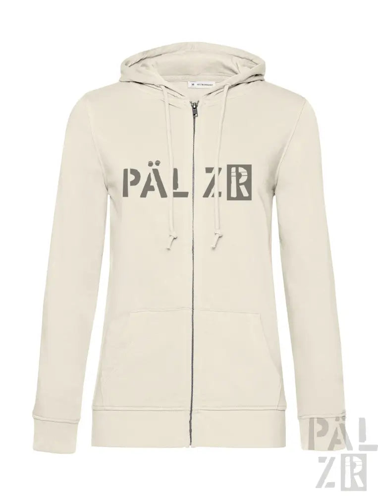 Cremefarbene Kapuzenjacke mit Reißverschluss und ’pälzr’-Logo in Dunkelgrau auf der Vorderseite.