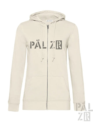 Cremefarbene Kapuzenjacke mit Reißverschluss und ’pälzr’-Logo in Dunkelgrau auf der Vorderseite.
