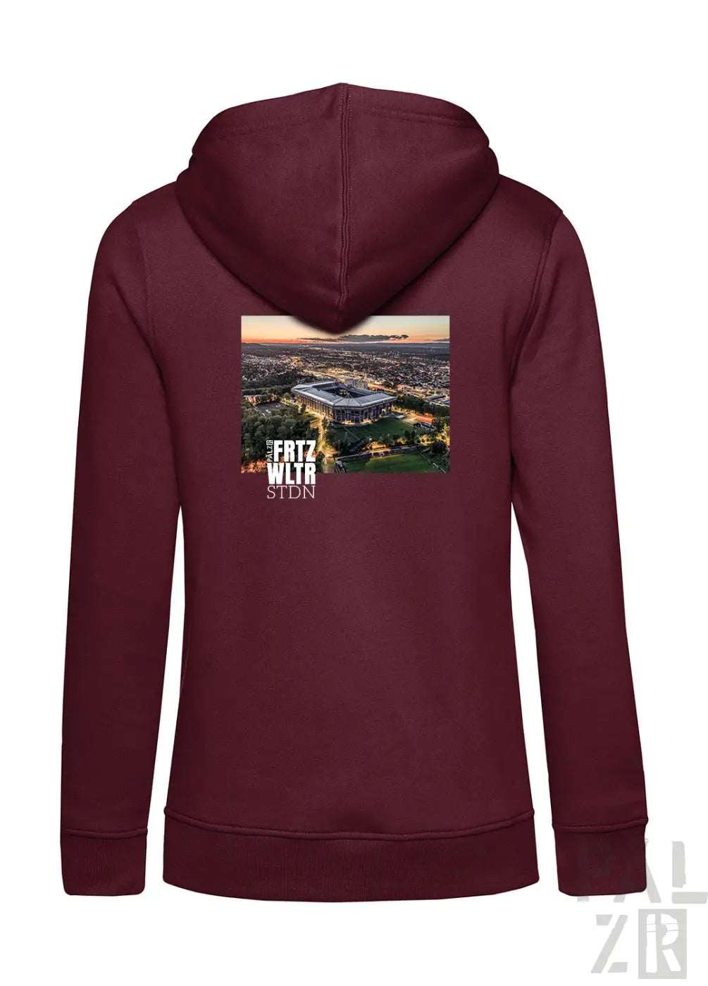 Frauen zip-up hoodie in maroon mit aufdruck einer luftaufnahme vom fritz wtra stadion bei sonnenuntergang