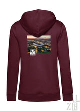 Frauen zip-up hoodie in maroon mit aufdruck einer luftaufnahme vom fritz wtra stadion bei sonnenuntergang