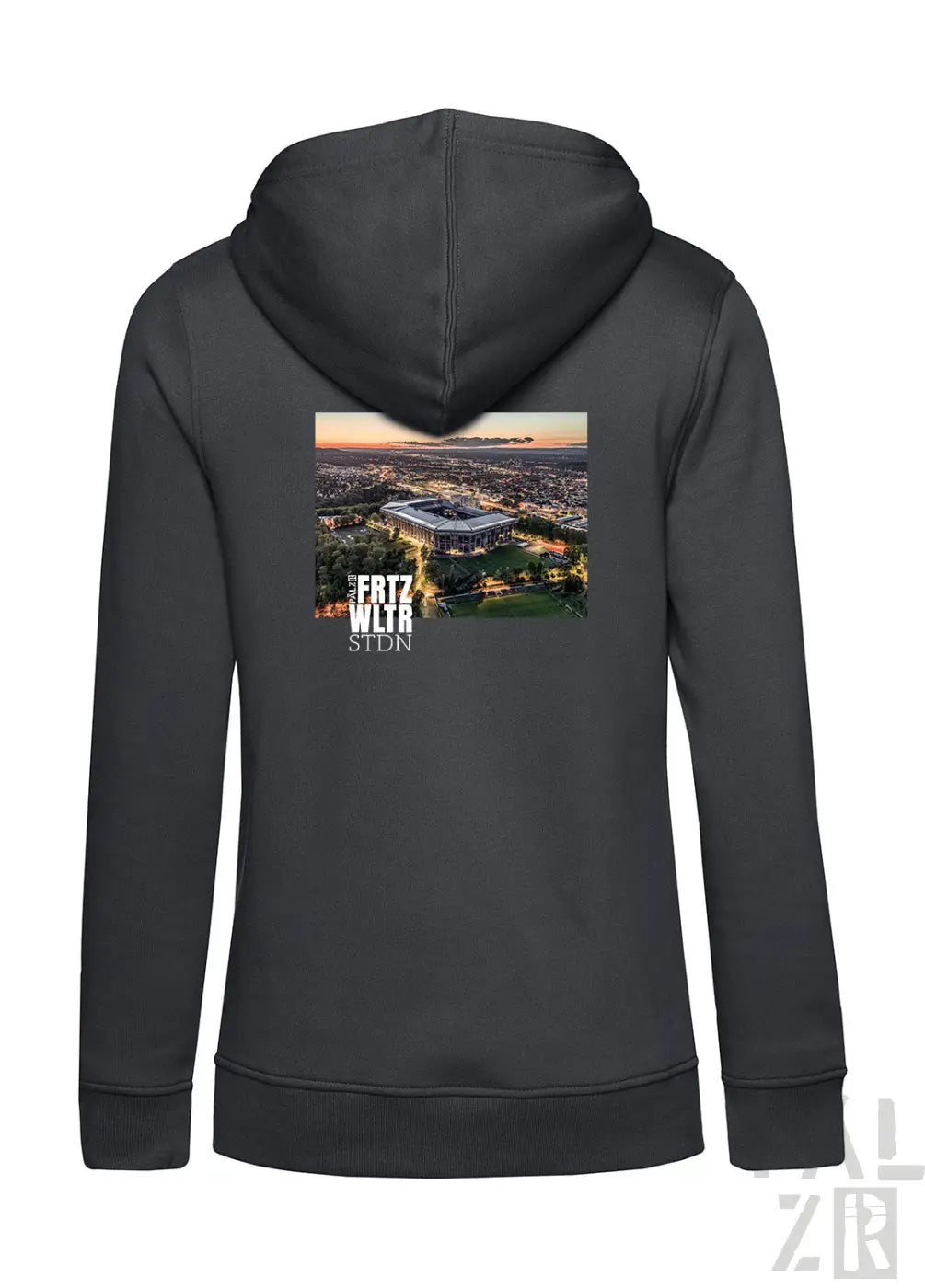 Dunkelgrauer zip-up hoodie für frauen mit gedrucktem bild des fritz wtra stadions bei dämmerung auf der rückseite