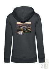 Dunkelgrauer zip-up hoodie für frauen mit gedrucktem bild des fritz wtra stadions bei dämmerung auf der rückseite