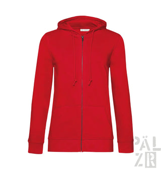 Eine lebendige rote frauen zip hoodie mit komplettem reißverschluss und passender kapuze und kordeln in verschiedenen farben