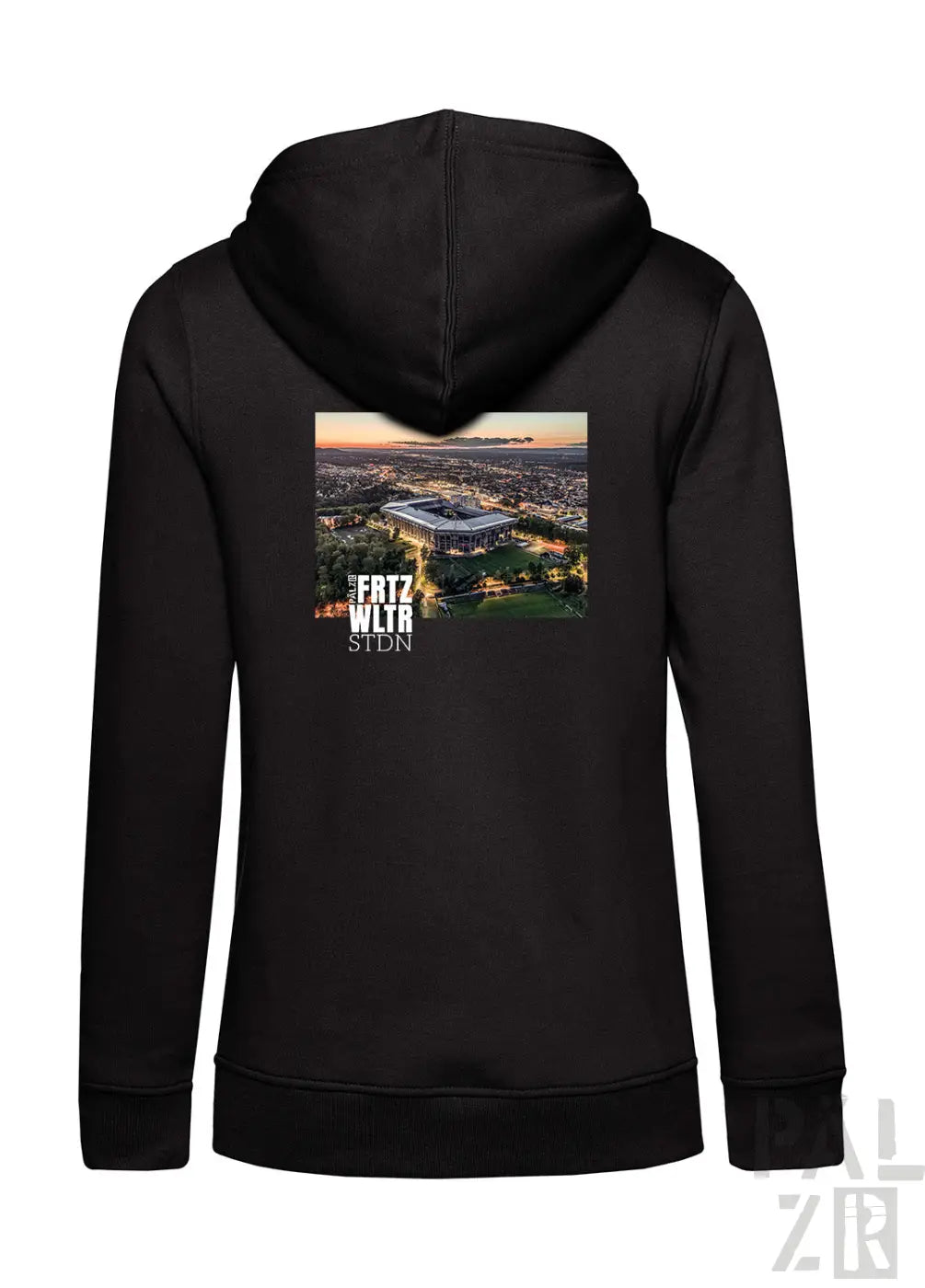 Schwarzer frauen zip-up hoodie mit gedrucktem bild eines beleuchteten stadions bei dämmerung auf der rückseite