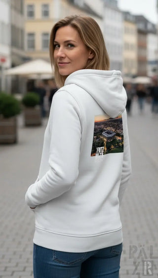 Weißer frauen zipper mit stadtbild print auf der rückenseite aus verschiedenen farben erhältlich
