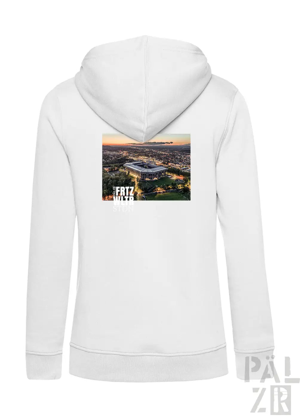 Weißer zip-up hoodie für frauen mit bild vom fritz werner stadion bei sonnenuntergang auf der rückseite