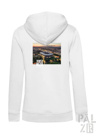 Weißer zip-up hoodie für frauen mit bild vom fritz werner stadion bei sonnenuntergang auf der rückseite