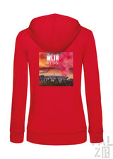 Roter frauen zip-up hoodie mit grafikdruck eines stadions und text wlr stdn aus der frtz wltr stdn kollektion