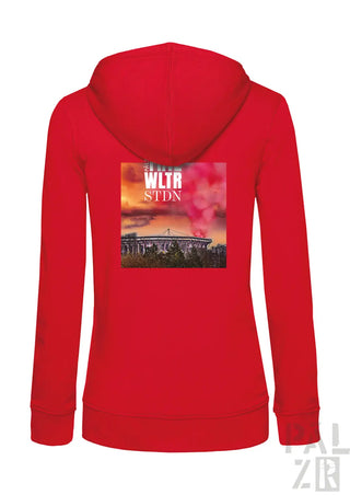 Roter frauen zip-up hoodie mit grafikdruck eines stadions und text wlr stdn aus der frtz wltr stdn kollektion