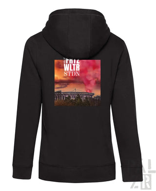 Schwarzer zip-up hoodie frauen mit vibrantem grafikdruck auf der rückseite zeigt stadion und weißen text palz friz wltr stdn